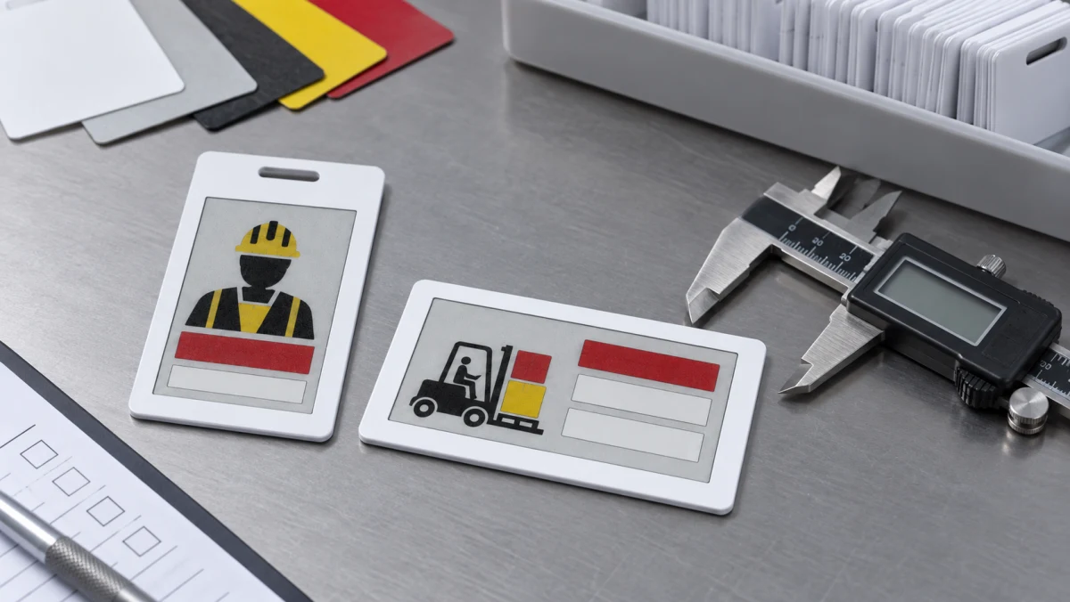 Finished cold-pressed four-color e-paper cards undergoing dimensional and visual inspection