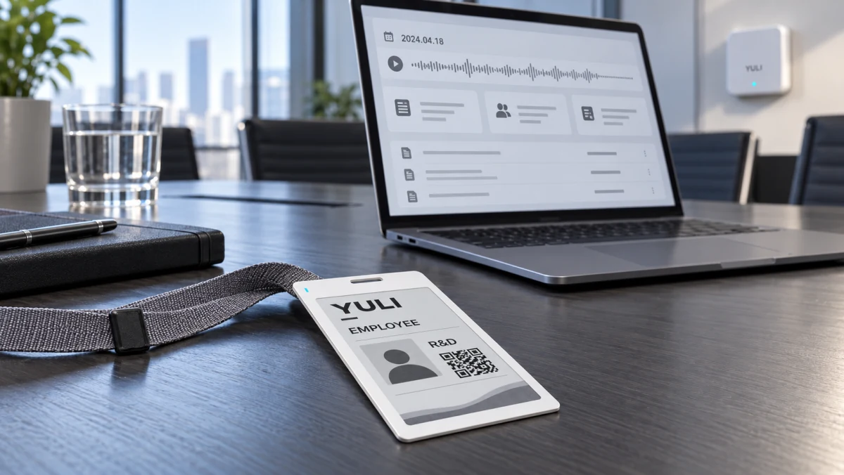 Thin e-paper employee badge beside a workplace gateway and meeting-minutes workspace
