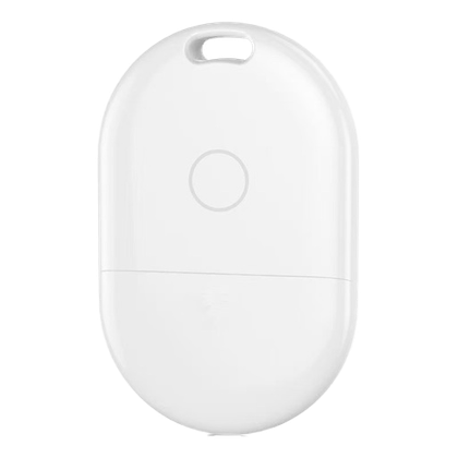 White Bluetooth tracker tag with an attachment slot and front button