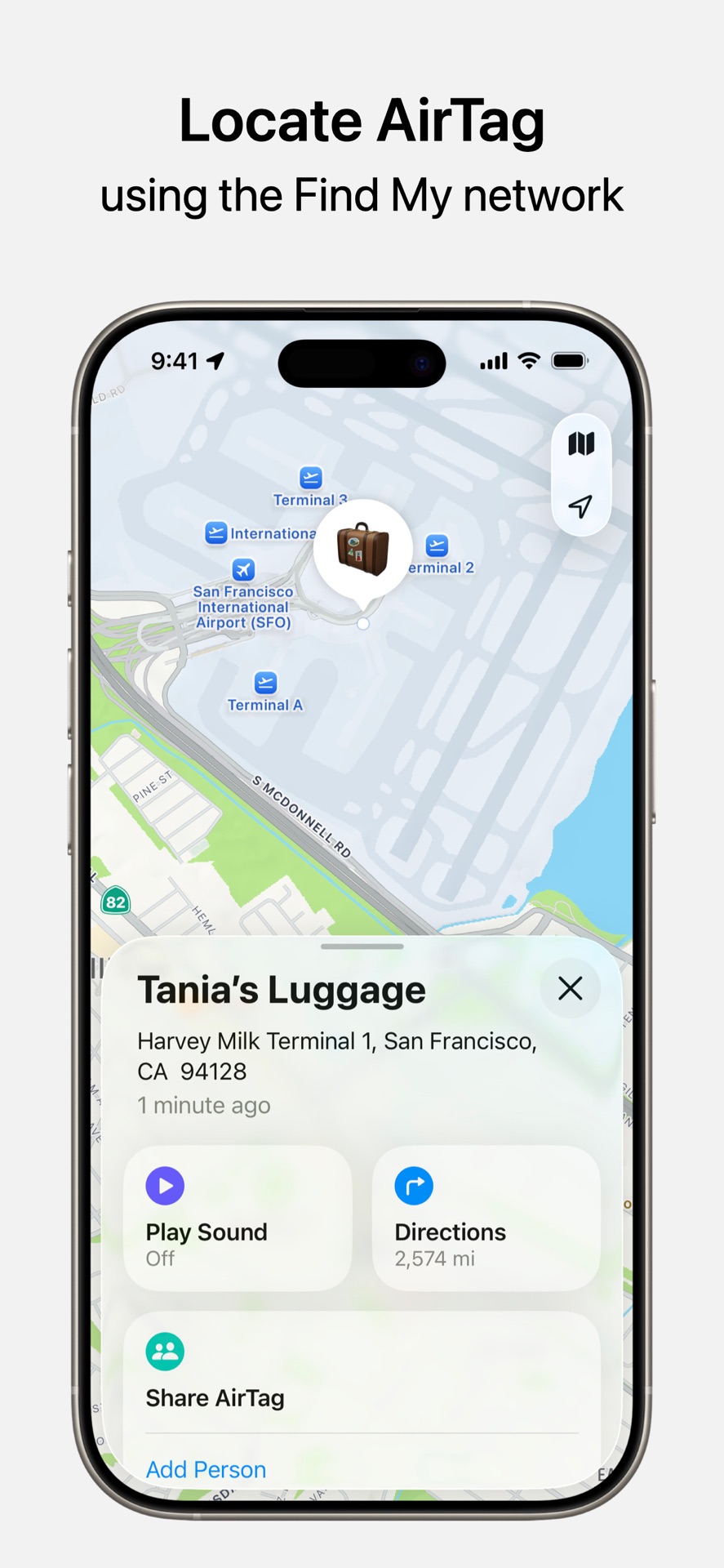 Apple's official AirTag luggage location screen