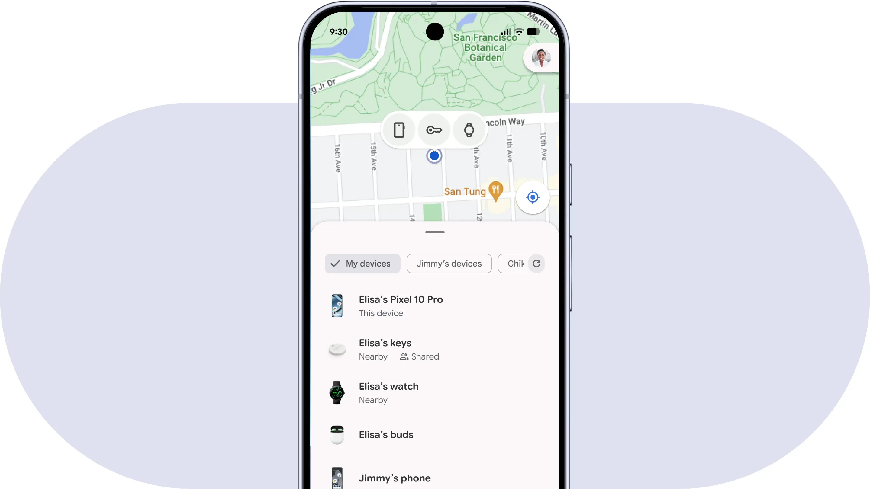 Google's official Find Hub map and device list with a shared key tracker