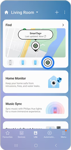 Samsung's official SmartThings Life tab with the Find card
