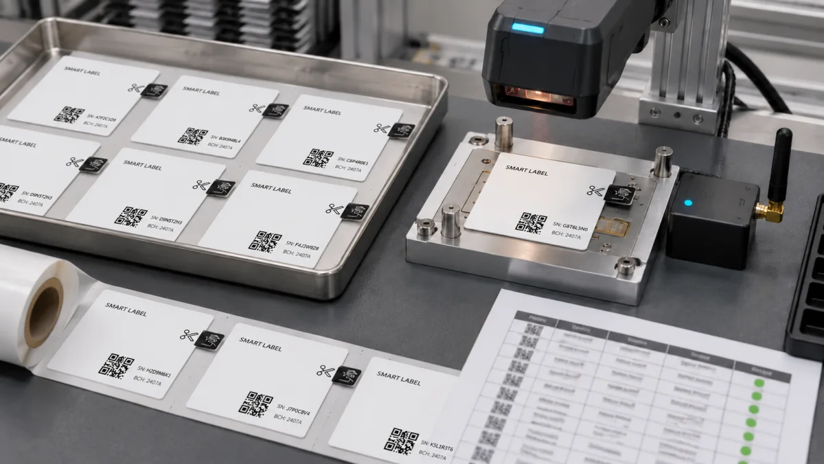 Flexible BLE labels at a factory serialization and radio-test workstation