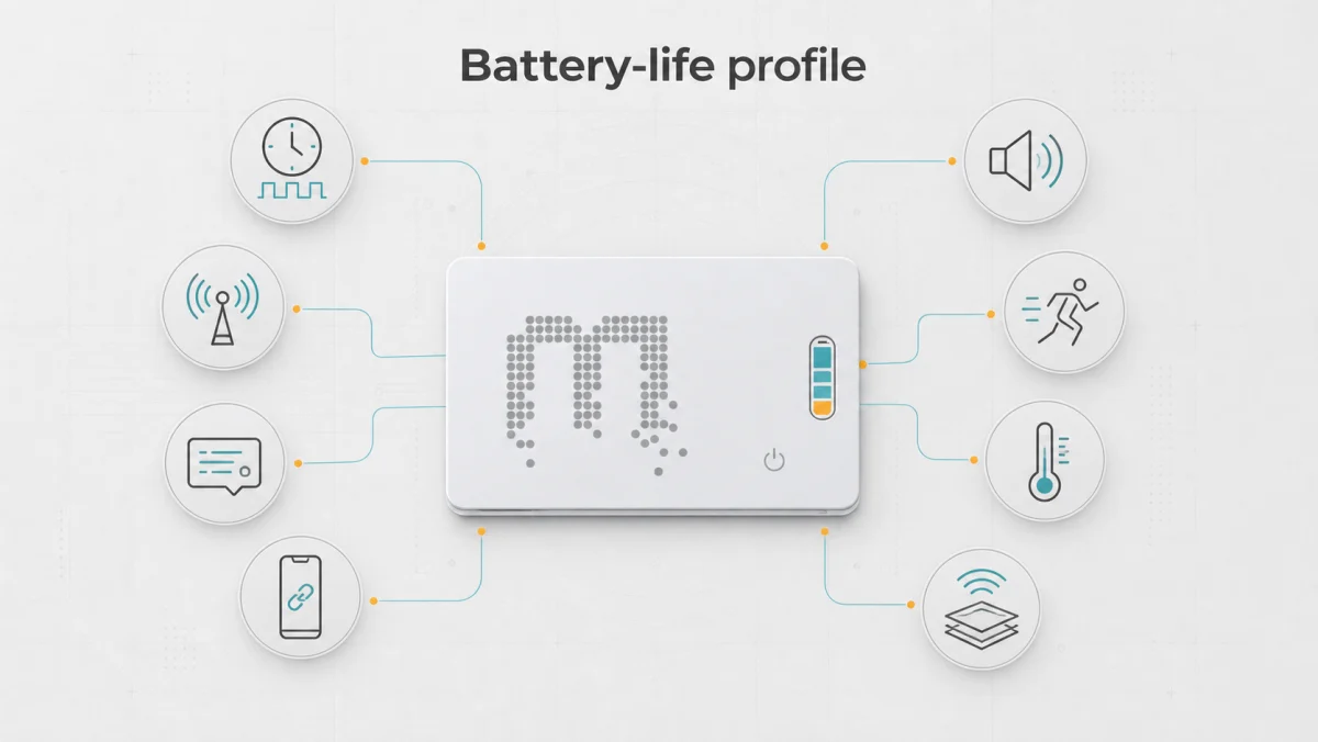 BLE tracker battery life profile factors including advertising interval TX power buzzer sensor and RF environment