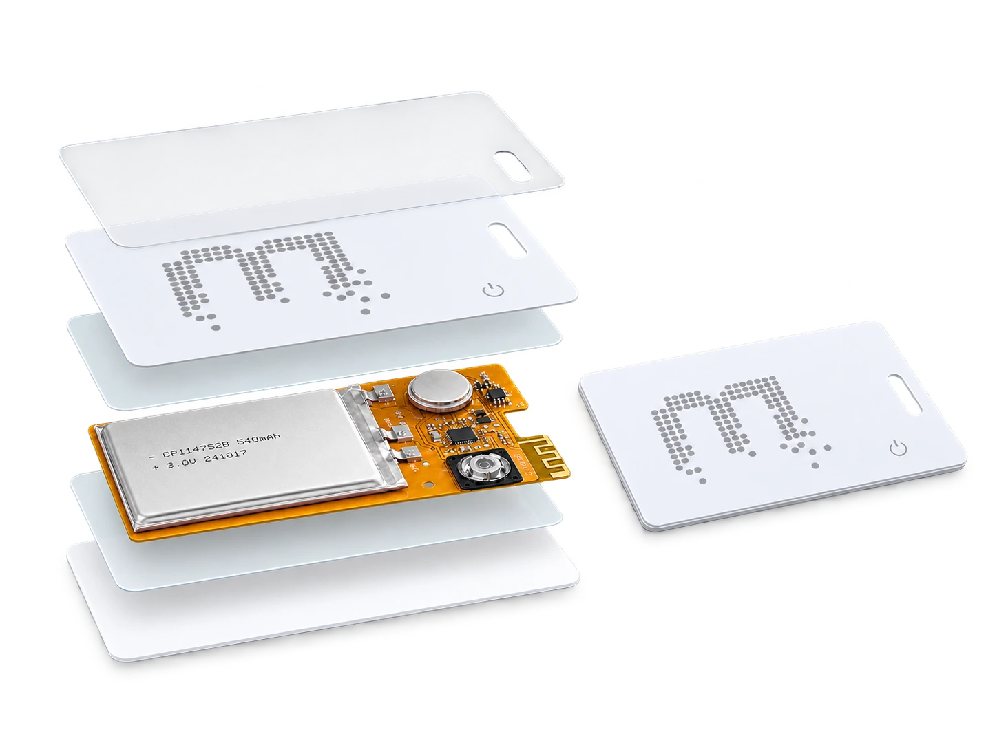PCBA ultrafina, bateria, buzzer e antena integrados em um cartão inteligente fino por prensagem a frio